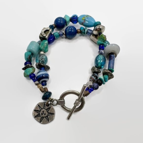 Turquoise Bracelet, Glass, Blue, Pyrites, Sun, Multi-Strand, Beaded, Artisan - Picture 1 of 6